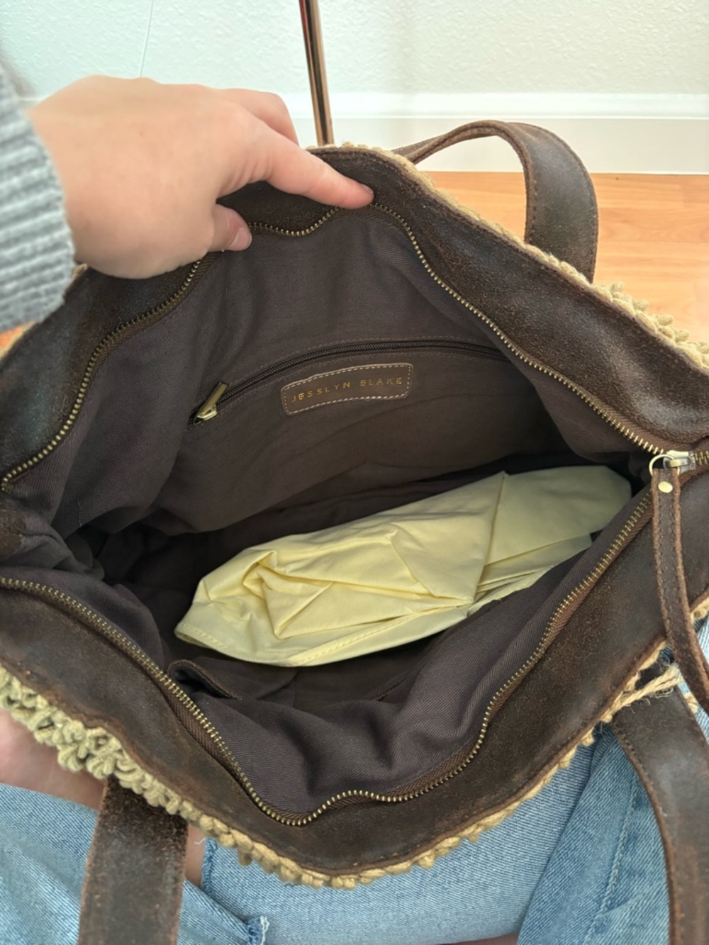 Woven Straw and Dark Brown Leather-Trim Tote - Picture 4 of 4